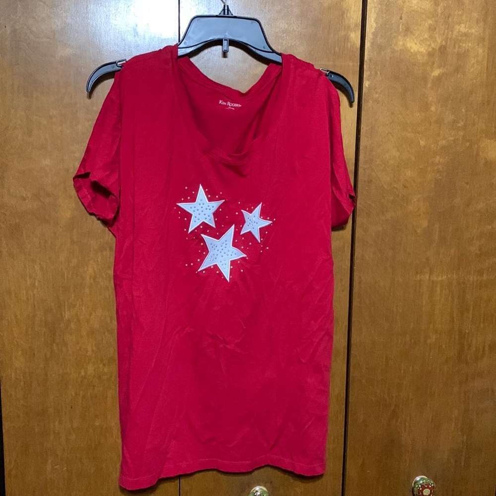 KIM ROGERS- RED STAR ⭐️ SHORT SLEEVE SHIRT; Made with Slits for Shoulder to show